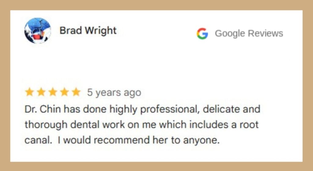 Five-star review for Dr. Chin's dental services.