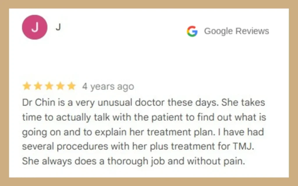 Five-star Google review praising Dr. Chin's patient care.