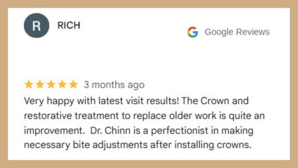 Five-star dental review praising crown and restorative treatment.