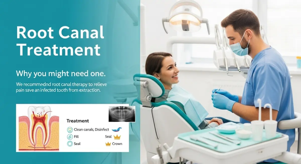 Dentist explaining root canal treatment to a patient.