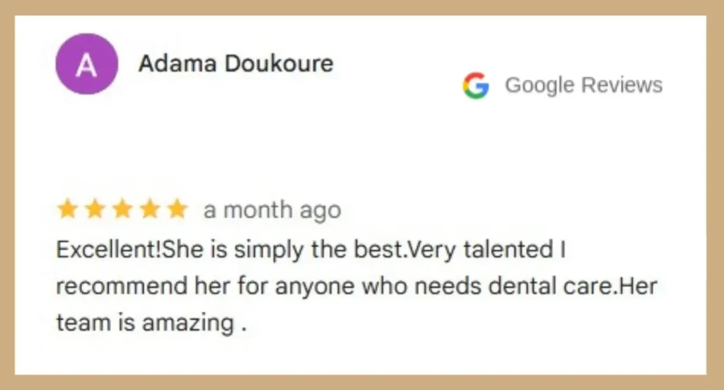 Five-star dental review: highly recommended, talented team.