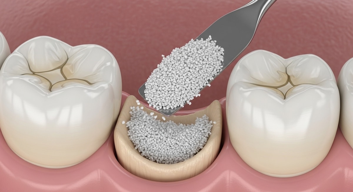 Dental bone grafting material between teeth
